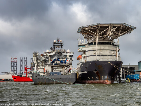 Supply ships for oil and wind power in Esbjerg flooded harbor, Denmark  Picture Board by Frank Bach