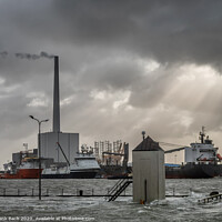 Buy canvas prints of Supply ships for oil and wind power in Esbjerg flooded harbor, Denmark  by Frank Bach