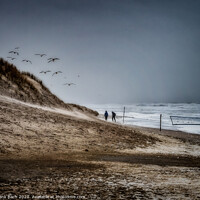 Buy canvas prints of Henne beach in Jutland with benches on a stormy day, Denmark by Frank Bach