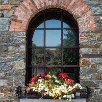 Buy canvas prints of Old rustic window with flowers by Frank Bach