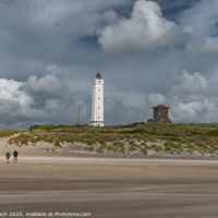 Buy canvas prints of Blaavand beach lighthouse at the North sea coast on a windy day, Denmark by Frank Bach