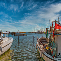 Buy canvas prints of Small Norsminde harbor with local fishing vessels, Denmark by Frank Bach
