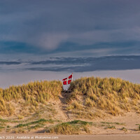 Buy canvas prints of Danish flag waving behind dunes on Blaavand Beach, Denmark by Frank Bach