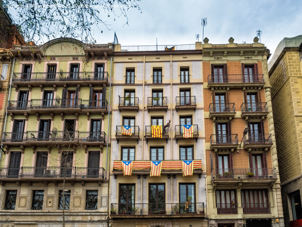 Barcelona homes with flags of Catalonia  Picture Board by Frank Bach