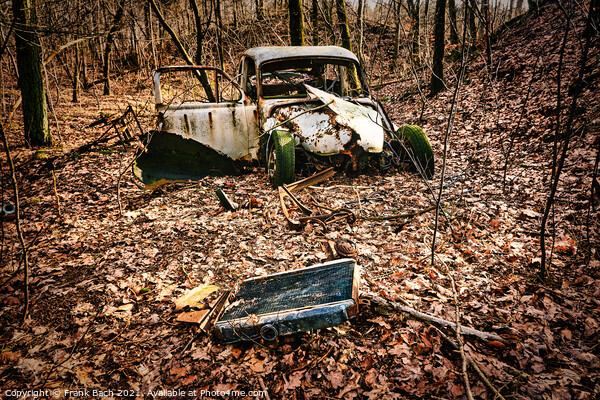 Car wreck desolated worn and rusty left in a forest, Denmark Picture Board by Frank Bach