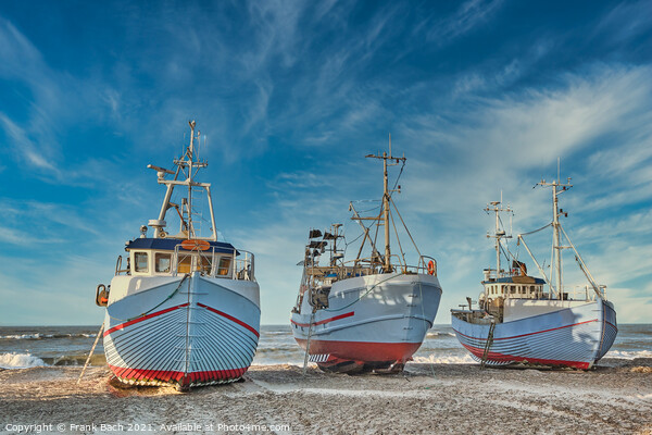 Coastal fishing boats vessels at Thorup beach in Western Denmark Picture Board by Frank Bach