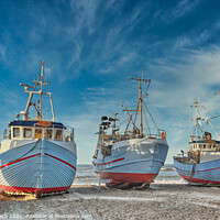 Buy canvas prints of Coastal fishing boats vessels at Thorup beach in Western Denmark by Frank Bach