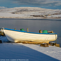 Buy canvas prints of Shetland small white fishing boat in snow at Tingw by Richard Ashbee