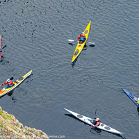 Buy canvas prints of Colurful Kayaks below Westwick cliffs in Shetland by Richard Ashbee