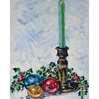 Buy canvas prints of Holiday Candle with Ornaments and Holly by Thomas Dans