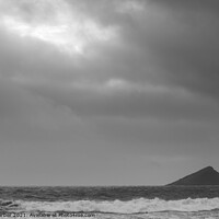 Buy canvas prints of Individual surfer in Wembury Bay with the Great Mew Stone by Peter Barber