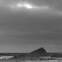 Buy canvas prints of Surfers in Wembury Bay with Great Mew Stone by Peter Barber