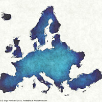 Buy canvas prints of Europe map with drawn lines and blue watercolor illustration by Ingo Menhard