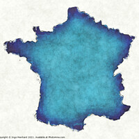 Buy canvas prints of France map with drawn lines and blue watercolor illustration by Ingo Menhard