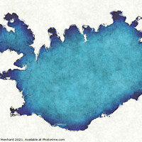 Buy canvas prints of Iceland map with drawn lines and blue watercolor illustration by Ingo Menhard