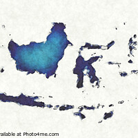 Buy canvas prints of Indonesia map with drawn lines and blue watercolor illustration by Ingo Menhard