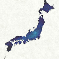 Buy canvas prints of Japan map with drawn lines and blue watercolor illustration by Ingo Menhard