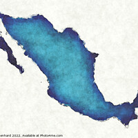 Buy canvas prints of Mexico map with drawn lines and blue watercolor illustration by Ingo Menhard