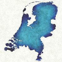 Buy canvas prints of Netherlands map with drawn lines and blue watercolor illustratio by Ingo Menhard