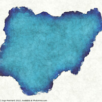 Buy canvas prints of Nigeria map with drawn lines and blue watercolor illustration by Ingo Menhard