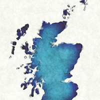 Buy canvas prints of Scotland map with drawn lines and blue watercolor illustration by Ingo Menhard