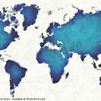 Buy canvas prints of World map with drawn lines and blue watercolor illustration by Ingo Menhard