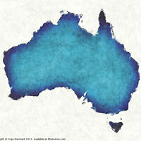 Buy canvas prints of Australia map with drawn lines and blue watercolor illustration by Ingo Menhard