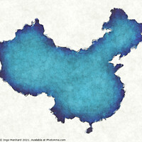 Buy canvas prints of China map with drawn lines and blue watercolor illustration by Ingo Menhard