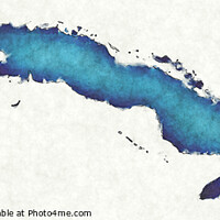 Buy canvas prints of Cuba map with drawn lines and blue watercolor illustration by Ingo Menhard