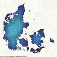 Buy canvas prints of Denmark map with drawn lines and blue watercolor illustration by Ingo Menhard