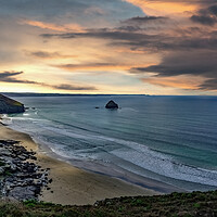 Buy canvas prints of Moody Sunset at Trebarwith Strand Beach, Cornwall by Tracey Turner
