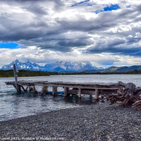Buy canvas prints of Jetty on the River Serrano, Torres del Paine, Chil by Tracey Turner