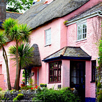 Buy canvas prints of Pink Thatched cottage. by john hill