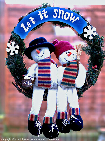 Let it snow Snowmen wreath in Portrait Picture Board by john hill