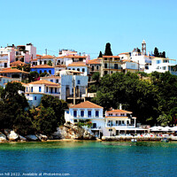 Buy canvas prints of Skiathos town from the sea. by john hill
