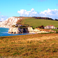 Buy canvas prints of Freshwater bay and Tennyson down, by john hill