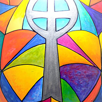 Buy canvas prints of Abstract Religious stained glass window. by john hill