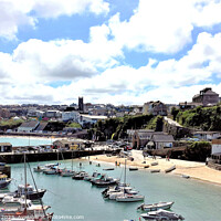 Buy canvas prints of Harbor and Towan beach at High tide, Newquay, Cornwall, UK. by john hill