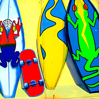 Buy canvas prints of Street art of surf boards and skate board. by john hill