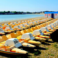 Buy canvas prints of Pedalos on the beach at Weymouth in Dorset. by john hill