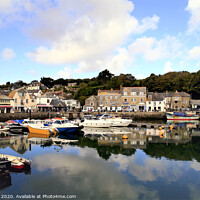 Buy canvas prints of Reflections in the harbour at Padstow in Cornwall. by john hill