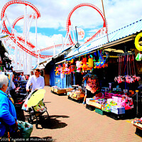 Buy canvas prints of Ingoldmells outdoor market with funfair behind at Skegness in Lincolnshire. by john hill