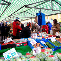 Buy canvas prints of Outdoor market fruit and vegetable stall at Bakewell in Derbyshire. by john hill
