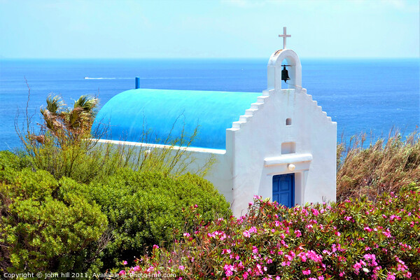 Greek church cliff above Kala Livade beach in Greece. Picture Board by john hill