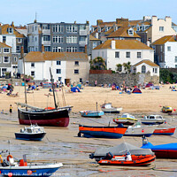 Buy canvas prints of Harbour and beach at low tide in St. Ives at Cornwall. by john hill