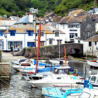 Buy canvas prints of Harbour and town at Polperro in Cornwall. by john hill