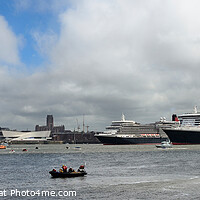 Buy canvas prints of Liverpool panorama of Three Cunard Queens and Red  by Bernard Rose Photography