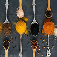Buy canvas prints of Selection of spices on wooden and metal spoons by Thomas Klee