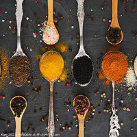 Buy canvas prints of Exotic spices on wooden and metal spoons by Thomas Klee
