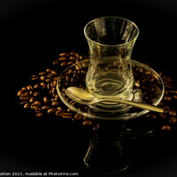Buy canvas prints of Dark Glass Turkish Coffee cup and beans by Helkoryo Photography